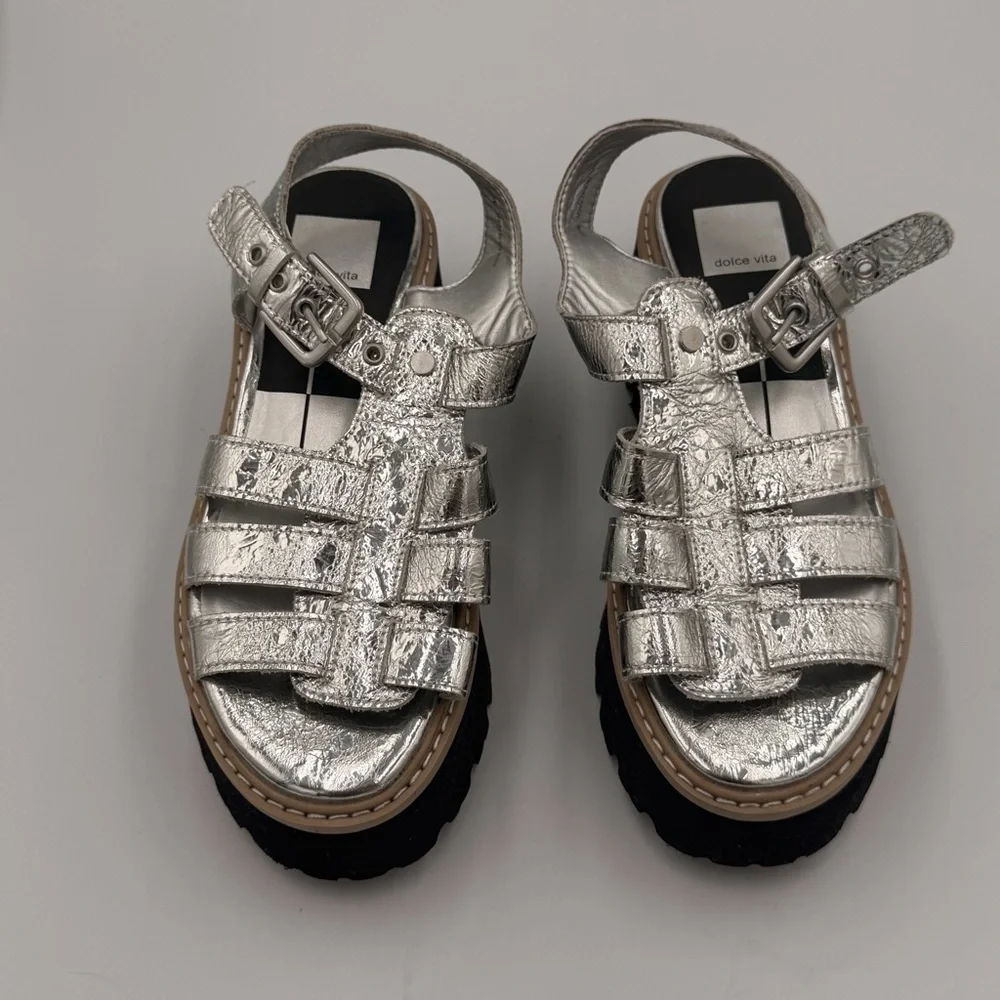 Dolce Vita Silver Metallic Fisherman Black Chunky Heel Platform Boho Sandal 7
